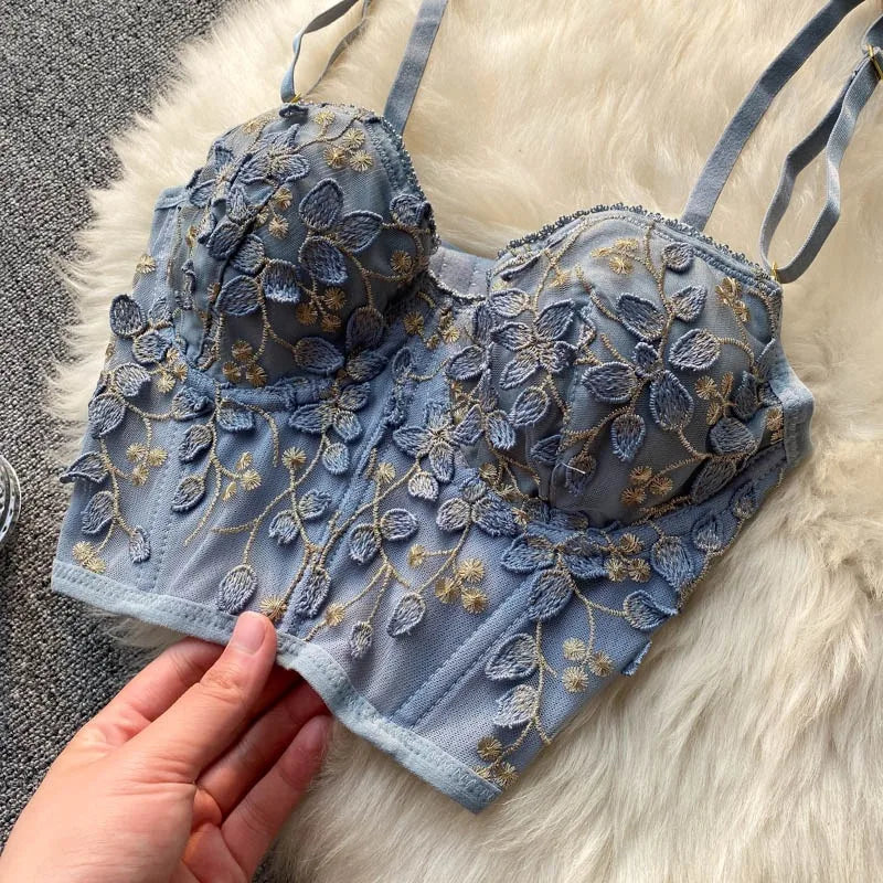 French Ladies Transparent Mesh Corset Sexy Shaper Thin Bra Set Night Club Sweet Cropped Top Girls Hot Bra and Panties Bralette