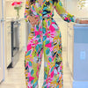 Fashion Printed Shirt Long Sleeve Women's Suit Spring Autumn Fashion Lace Up Tops Slim Elegant Female Straight Pants 2 Piece Set