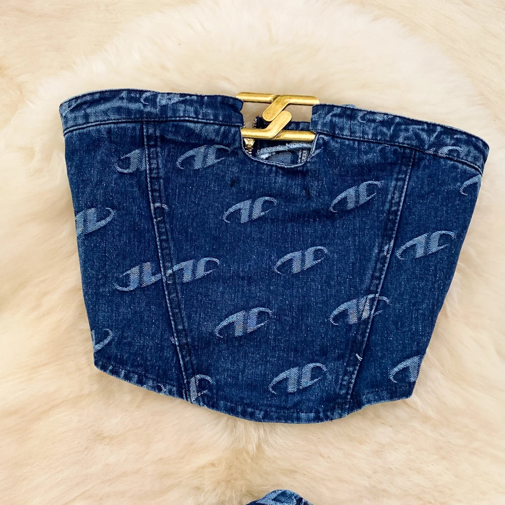 Zweiteiliges Set Damen Ärmellose Bandeau-Tops Sexy Crop-Shirt Knopf-Hosen-Sets Gerade Hosen Taschen Lässige passende Sets