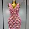 Women Luxury Pink Flowers Pearls Lace See Through Bodycon Mini Dress Birthday Photoshoot Evening Party Nightclub Stage Costume