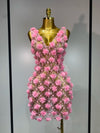 Women Luxury Pink Flowers Pearls Lace See Through Bodycon Mini Dress Birthday Photoshoot Evening Party Nightclub Stage Costume