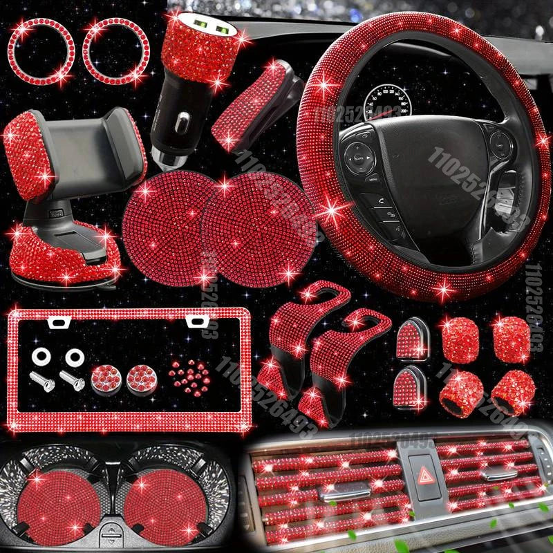 Autozubehör-Set 27/4-teilig Damen Bling Universal Passform Lenkradbezug Polyester Glitzernd Kennzeichenhalter Handyhalter Untersetzer Werkzeuge
