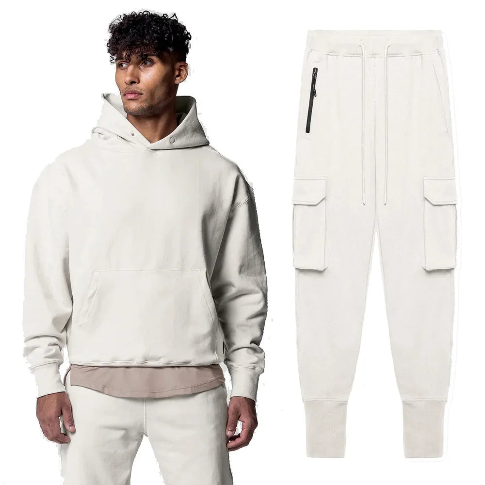 Men's Thick Cotton Training Sets Hoodie Casual Sports Pullover Hooded 2-piece Top with Pants Sweatshirts Gym Running Tracksuits