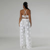 Women Two Piece Pant Sets Sexy Hollow Out Vest Sleeveless Tanks Tops Splice Long Pants Drawstring Streetwear Summer 2025