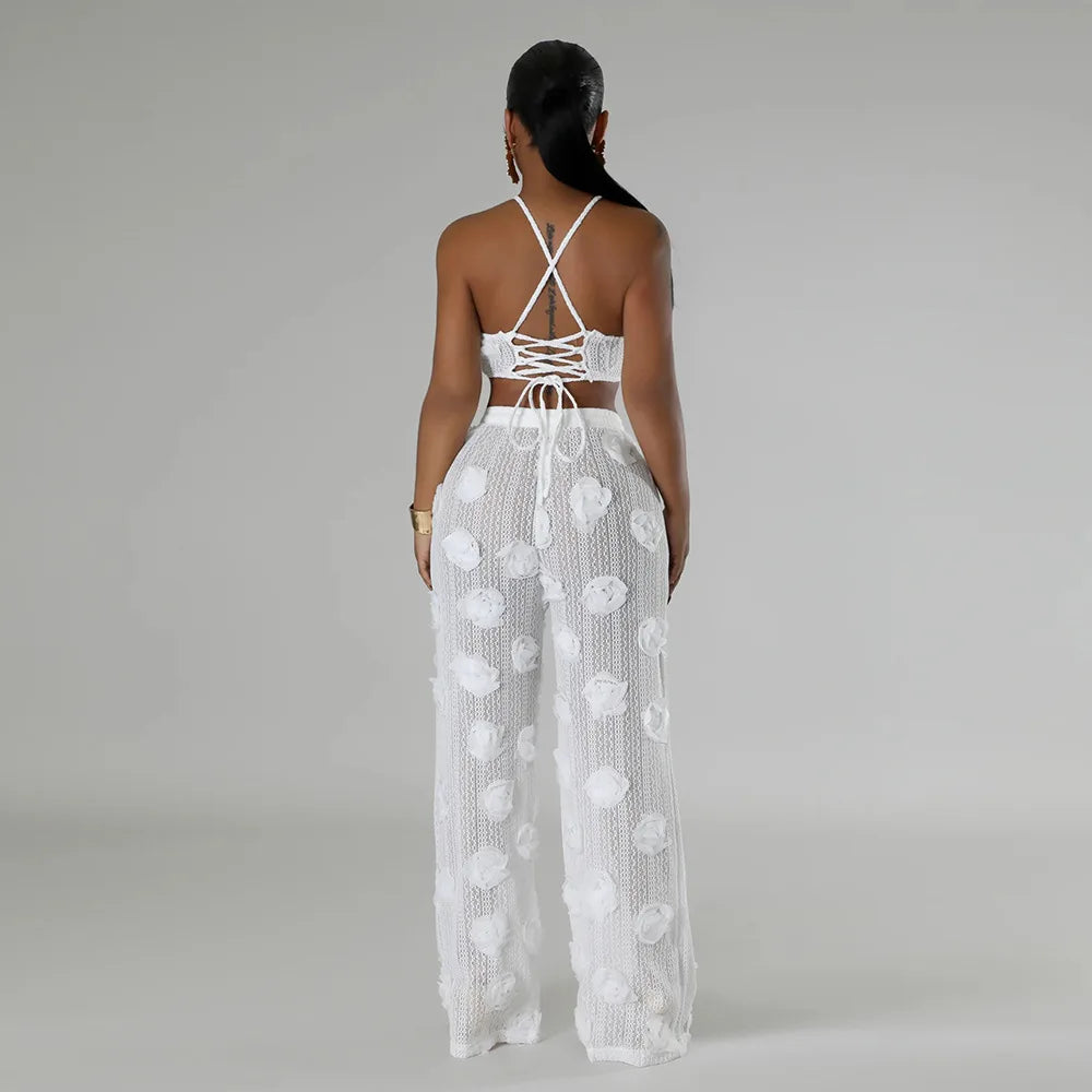 Women Two Piece Pant Sets Sexy Hollow Out Vest Sleeveless Tanks Tops Splice Long Pants Drawstring Streetwear Summer 2025