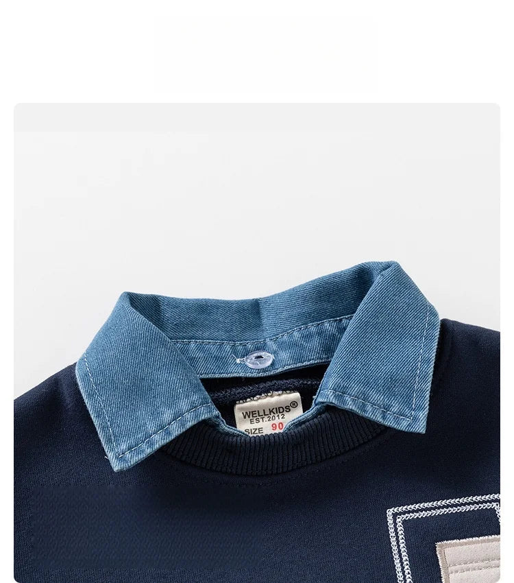 Spring Children Clothes Sweatshirt for Boys Denim Collar Fleece Pullover with Patch Pocket Casual Kids Top Long Sleeve T-shirt