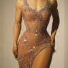 Sparkly Rhinestone V Neck Stretch Mesh Sexy See Through Dress Women 2024 Designer Party Celebrate Performance Costume Stage Wear