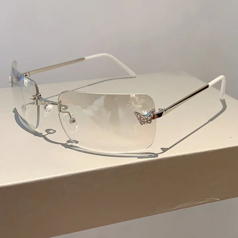Y2K Luxusmarken Designer Randlose Quadratische Sonnenbrille Damen Für Weibliche Trendige Sonnenbrille Diamant Schmetterling Rosa Punk Shades UV400