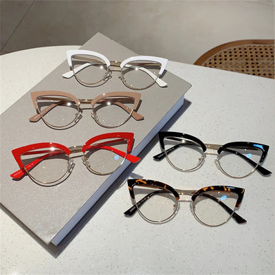 2023 Neue Vintage Cat Eye Brillenrahmen Neues stylisches Halbmetall-Rand Damen Brillen Trendy Markendesign Nicht-korrigierende Brillen