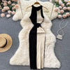 YuooMuoo Women Dress 2025 Summer Elegant Rib Knit Slim Waist Bandage Pencil Dress Office Lady Sleeveless Bodycon Sweater Dress