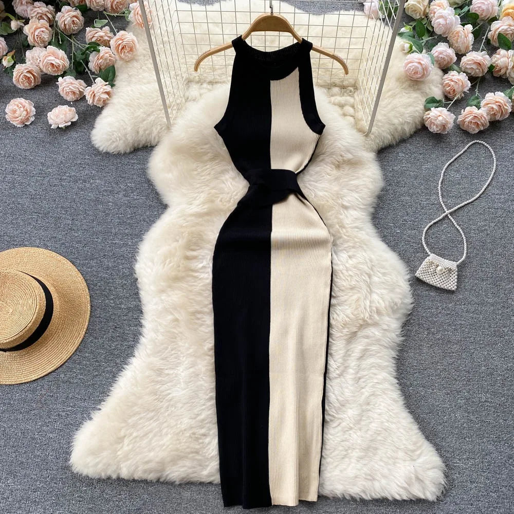 YuooMuoo Women Dress 2025 Summer Elegant Rib Knit Slim Waist Bandage Pencil Dress Office Lady Sleeveless Bodycon Sweater Dress