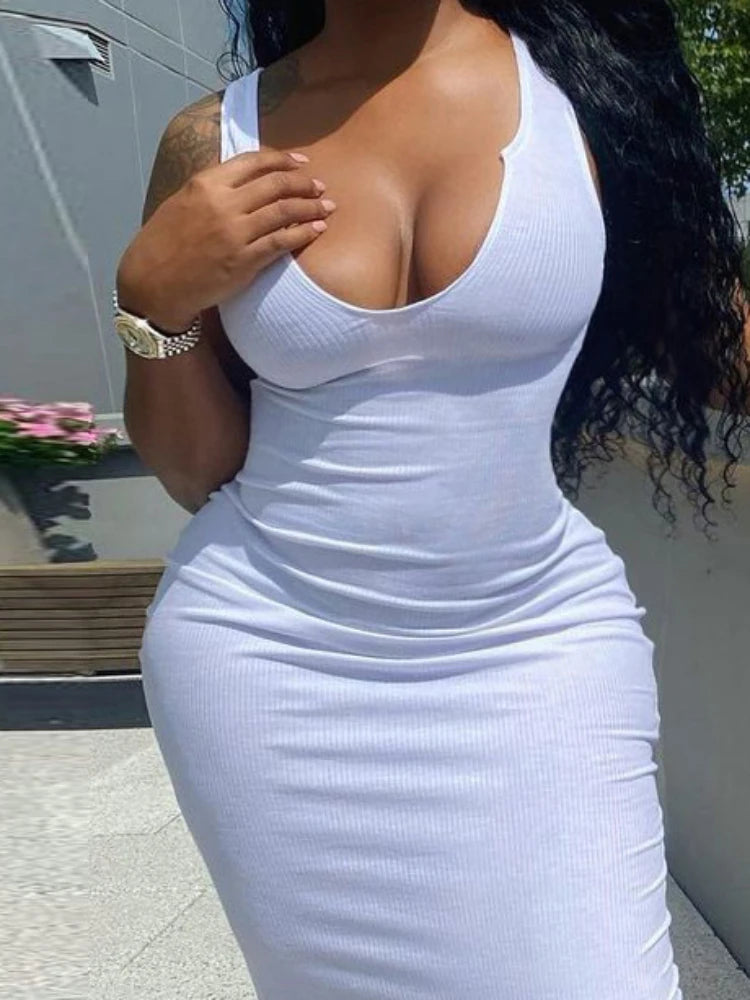 Sexy Deep U Neck Wrap Chest Slim Bodycon Dress Women Sleeveless Solid Color Skinny Dress Elegant Club Party Vestidos