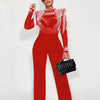 Women Jumpsuit Solid High Collar Hot Drill Mesh Shoulder Cotton Long Sleeves Long Straight Jumpsuit Sexy Party Outfits