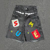 Y2K Hip Hop Denim Shorts Loose Fit Cotton Five-Quarter Length Printed Embroidered Low-Mid Waist Jeans Shorts for Men