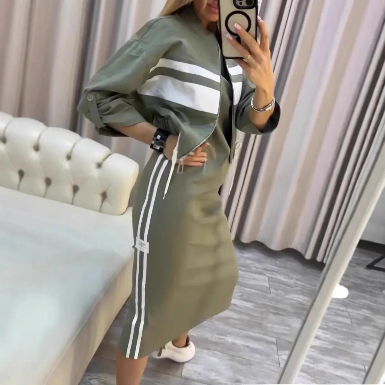 Women's Fashion Color-blocked White Striped Hip-covering Sweatshirt Dress 2piece Set Female Casual Zipper Jacket Coat Dress Suit