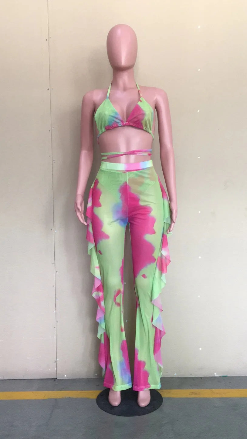 Bra+tassel Pants Suit  2 Piece Set Women Hot Pink Swimsuit Mesh Bathing Suit Sexy Matching Swimwear Viquinis Mujer 2022