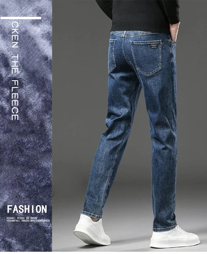 Winter Fleece Dicke Warme Jeans Herren Slim Straight Elastische Denim-Hose Lässige Herrenbekleidung Mode Plüschhose