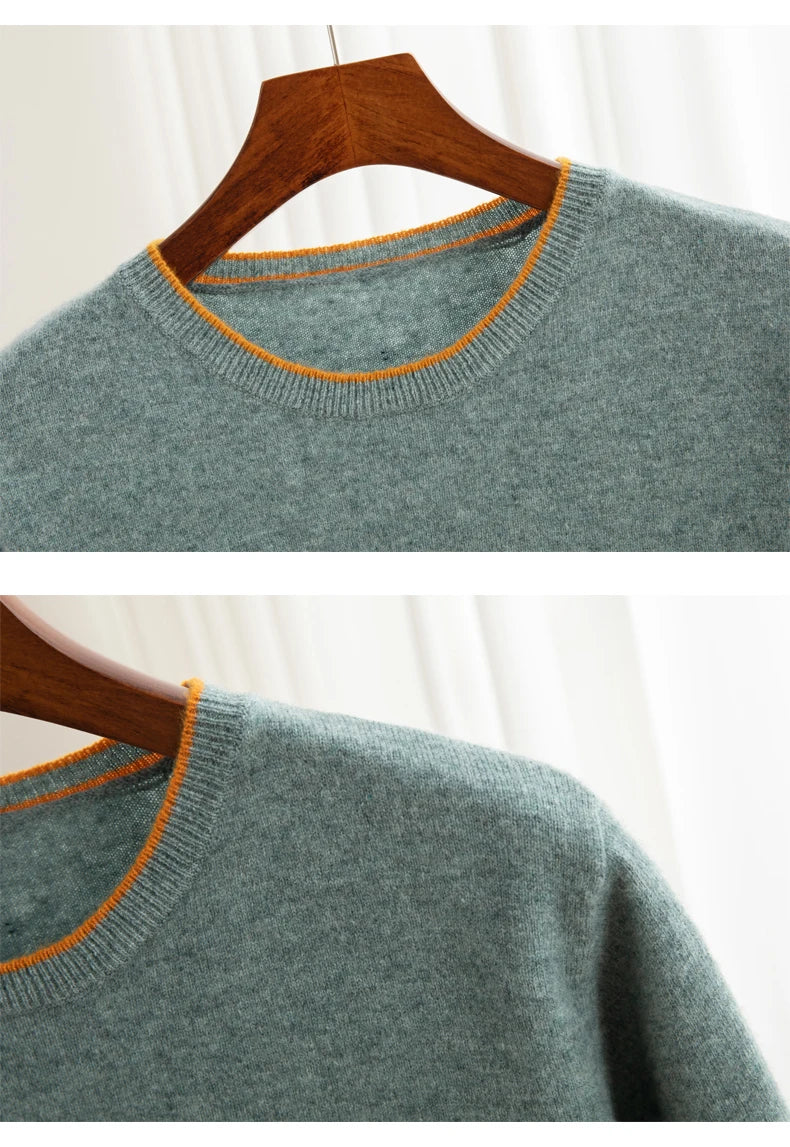 Men's T-shirt 2024 Summer New Knitted Tank Top Fashion Color Block Round Neck Pullover Sweater 100% Pure Wool Short sleeved