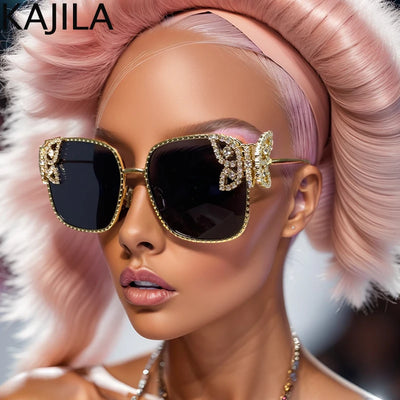 Übergroße quadratische Sonnenbrille Damen Strass Schmetterlingsrahmen Sonnenbrille 2025 Luxusmarke UV400 Schutz Brillen für Damen