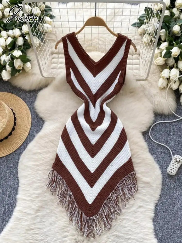 Joskaa 2025 Women's Striped Patchwork Knitted V-Neck Sleeveless Bodycon Asymmetric Fringe Hem Dress Holiday Beach Streetwear