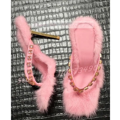 Rosa Fell Plüsch Kristalle Pantoletten Damen Sexy Flip-Flops Eckige Zehe Metall Hohe Absätze Hausschuhe Weibliche Party Outdoor Mode Schuhe