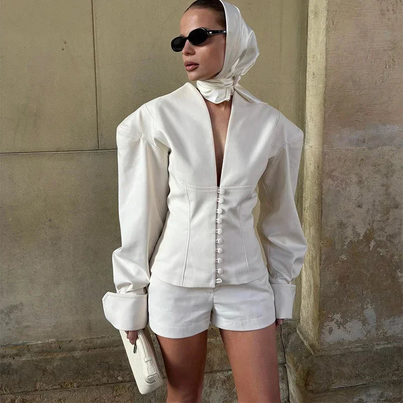Urban White Women Blazer Coats Elegant Single Breasted V-neck Long Sleeve Female Jacket 2025 Autumn Office Lady Outwears