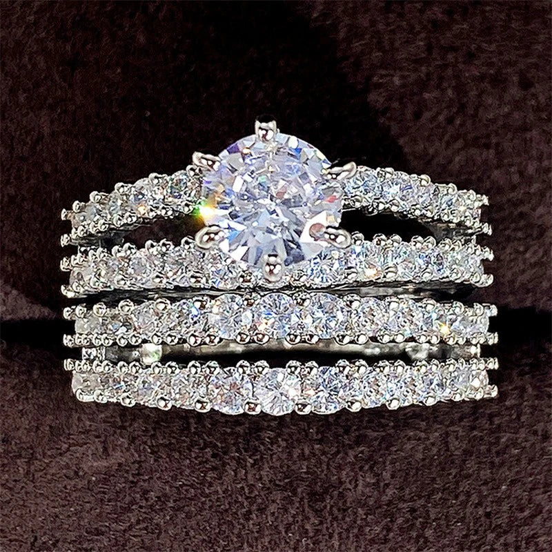Huitan Sparkling 2Pcs Set Cubic Zirconia Rings for Women Wedding Engagement Fashion Jewelry Luxury Trendy Female Rings Wholesale