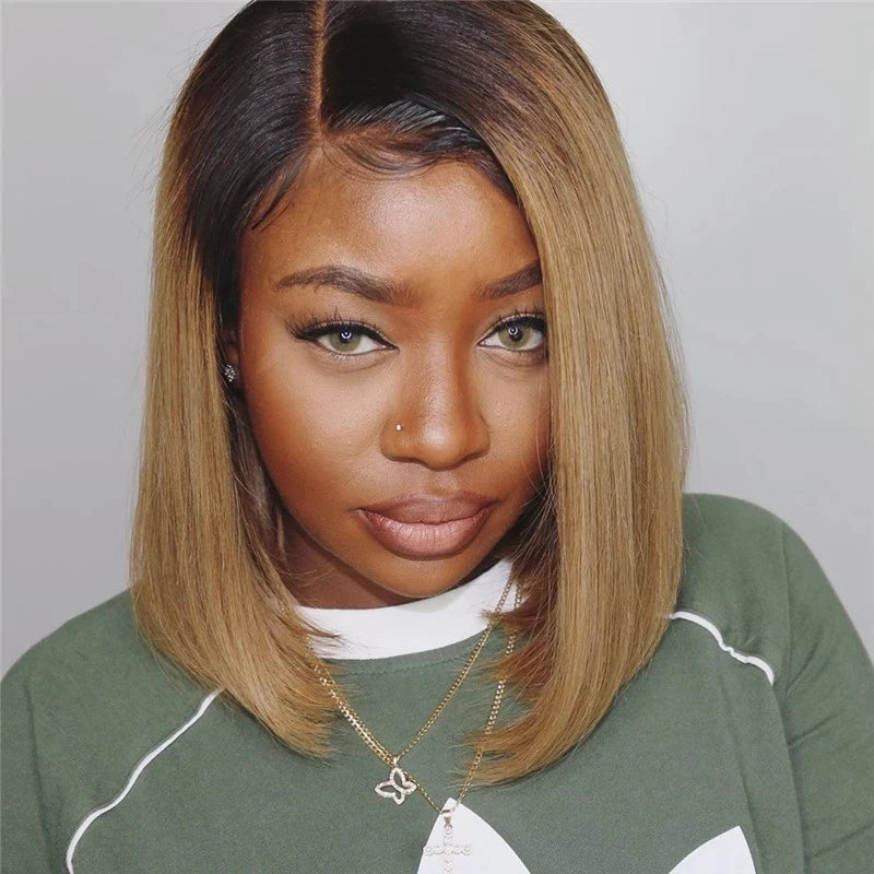 Kurze Ombre Honigblonde Bob Perücke mit Babyhaar Honigbraune Glatte Echthaarperücken Lace Part Seitenbraune Perücken für Schwarze Frauen