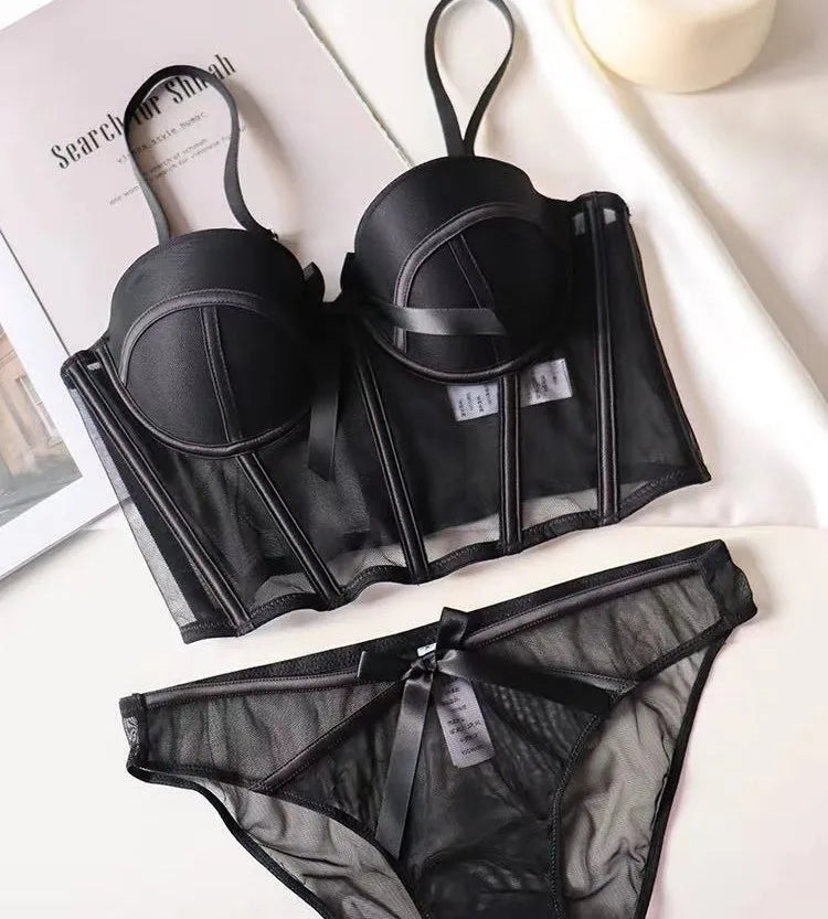 French Ladies Transparent Mesh Corset Sexy Shaper Thin Bra Set Night Club Sweet Cropped Top Girls Hot Bra and Panties Bralette