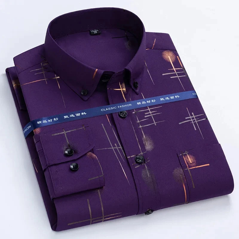 Men's Print Shirt Autumn Spring Long Sleeve Thin Non Iron Fashion Business Causal Social Anti-wrinkle Plaid Slim Fit Chemise Hom