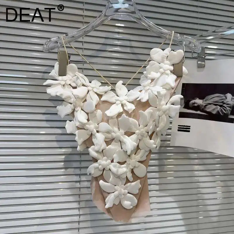 DEAT Fashion 3D Flower Design Backless Camisole For Women Spring New Arrival Trendy Mesh Outwear Sling Vests Female 11A03412