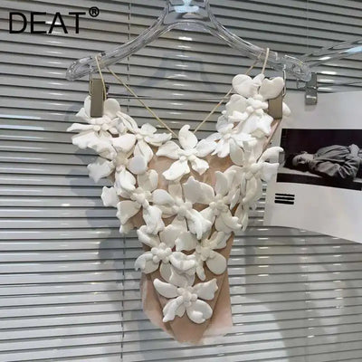 DEAT Fashion 3D Flower Design Backless Camisole For Women Spring New Arrival Trendy Mesh Outwear Sling Vests Female 11A03412