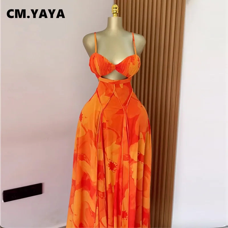 CM.YAYA Damen Blumenmuster Trägerloser Rückenfreier BH Vorne Großes Swing Maxi Langes Kleid 2025 Vintage Sexy Club Party Abendkleider
