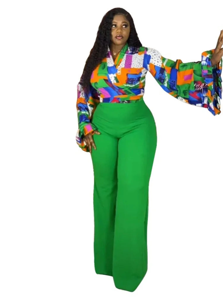 Wmstar Plus Size Two Piece Sets Wholesale Long Sleeve Print Top and Wide Leg Pants Matching Suit Fall Clothing Dropshopping