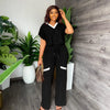 Elegant Women's Casual Short Sleeve T-shirt Sports Suit Summer Fashion Solid V Neck Short Top & Straight Pants Two Piece Sets