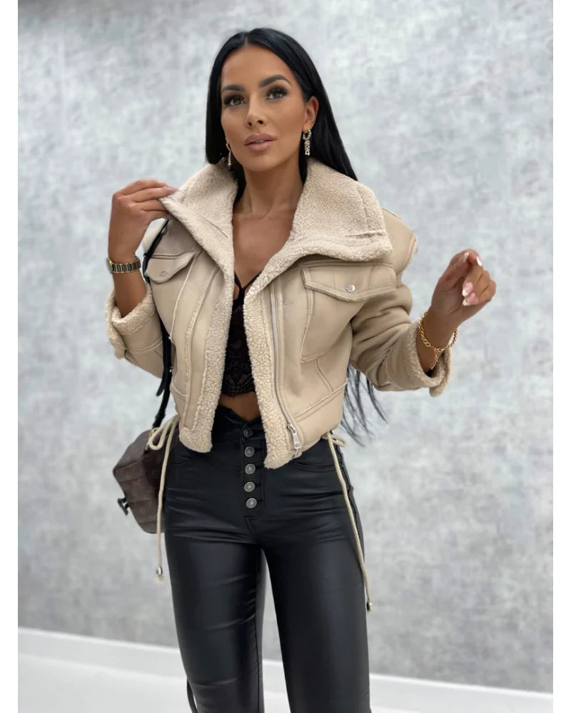 Faux Leather Jackets Women PU Short Thick Warm Black Outwear Female Aviator Retro Lapel Velvet Coat 2023 New Winter Woman Tops