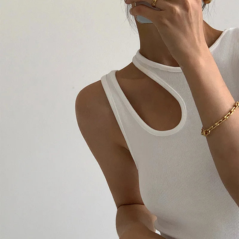 Casual white cut t shirt women round neck sleeveless korean slim t shirts women clothing 2023 summer fashion
