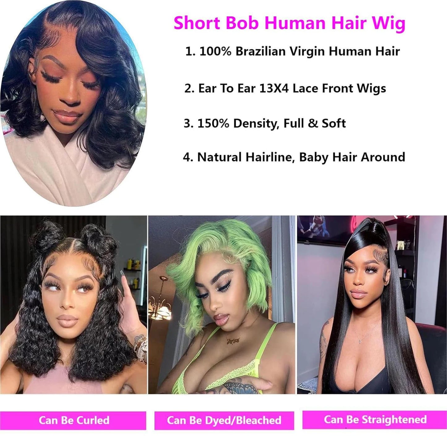 13x4 Lace Frontal Perücke Echthaar Kurze Bob Perücke Body Wave 4x4 HD Lace Front Verschluss Perücke Brasilianisches unbehandeltes Haar Natur Schwarz Farbe