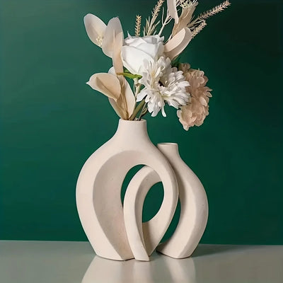 Hohle nordische moderne Keramikvasen im 2er-Set für moderne Heimdekoration, moderne Boho Hohle Blumenvase für Wohnzimmer-Bücherregal