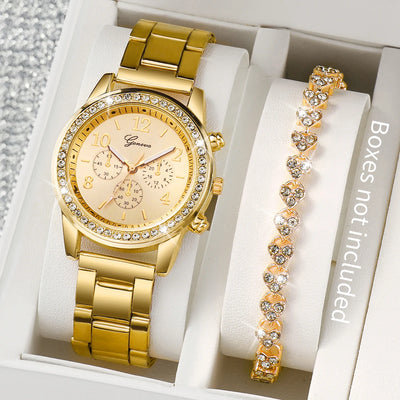 Modische Damen Edelstahl Goldfarbene Quarzuhr & Diamantarmband