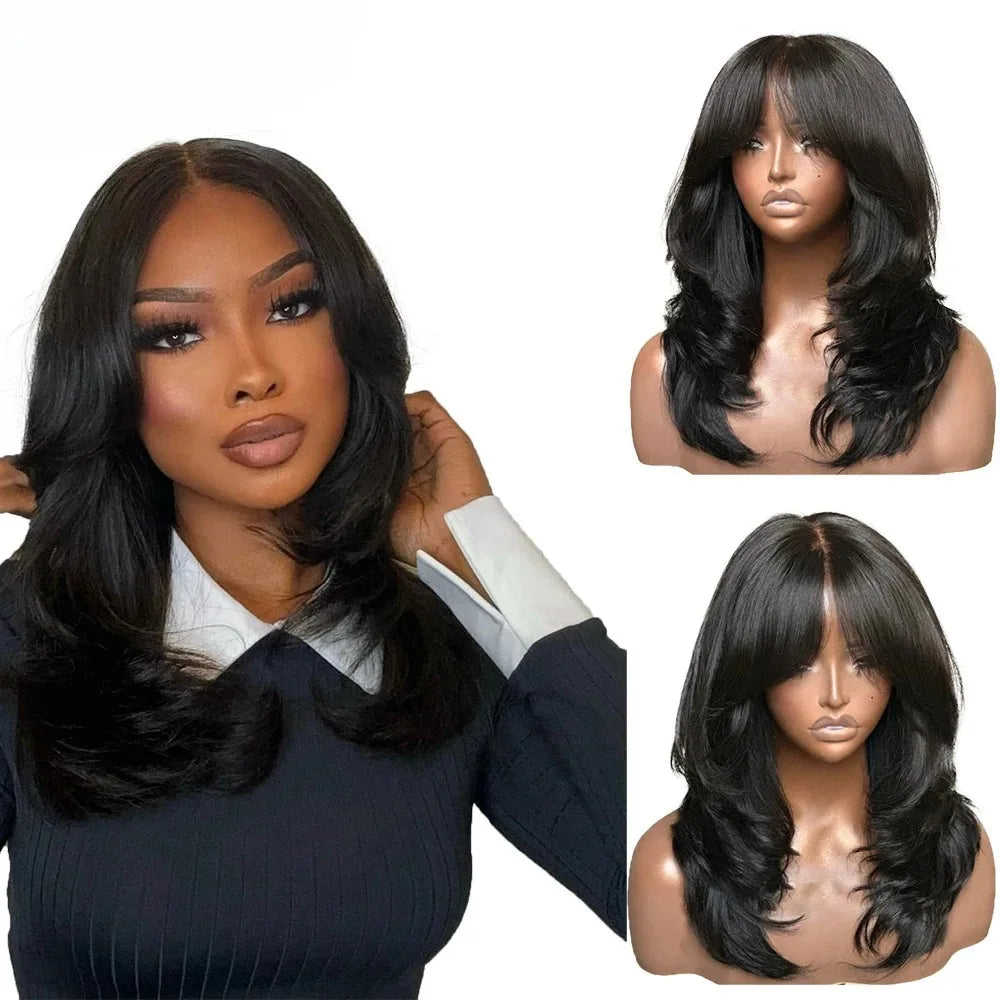 Honey Caramel Ombre Wig Layered Straight Lace Front Wig With Bangs Honey Blonde 13x4 HD Lace Wig Clearance Synthetic For Women