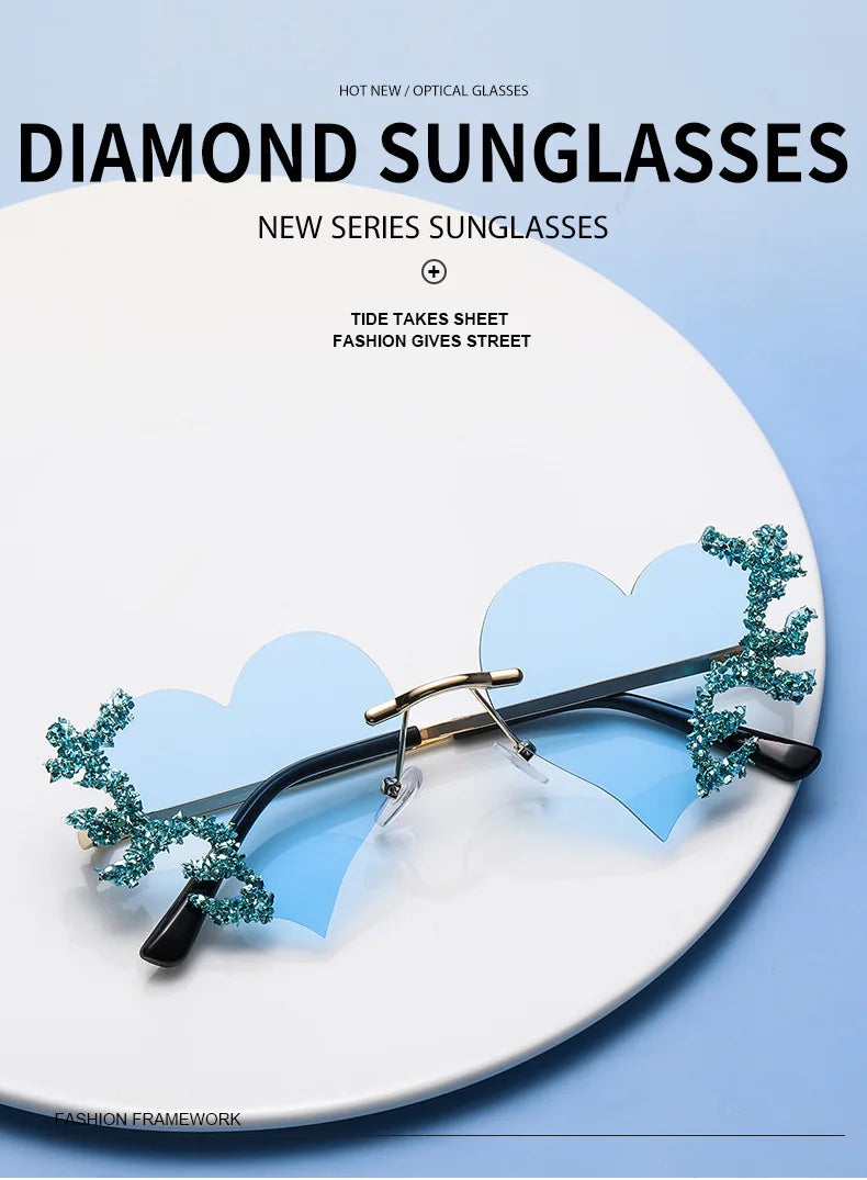Randlose Sonnenbrille Damen Luxusmarke Strass Sonnenbrille Damen Niedliche Herzform Punk Party Brille очки від сонця женские