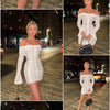 Mozision Blumen-Spitzen-Off-Shoulder Maxikleid für Damen, weiß, trägerlos, rückenfrei, langärmlig, Bodycon, Club, Party, sexy langes Kleid