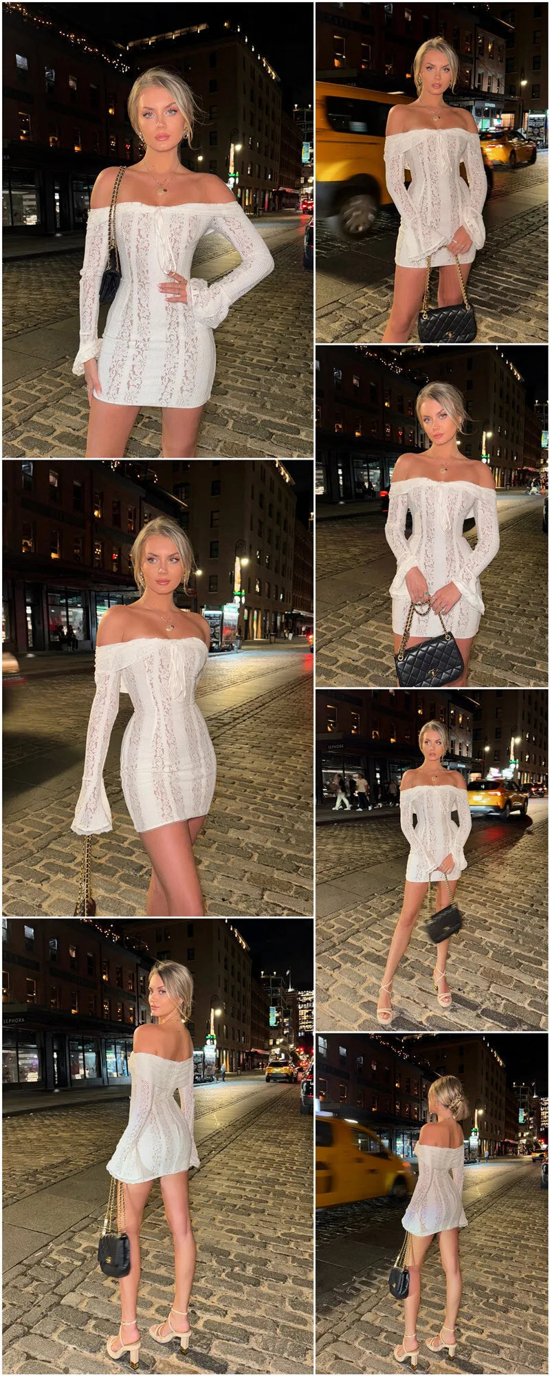 Mozision Blumen-Spitzen-Off-Shoulder Maxikleid für Damen, weiß, trägerlos, rückenfrei, langärmlig, Bodycon, Club, Party, sexy langes Kleid