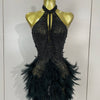 Women Luxury Rhinestones Pearls Feathers Halter Backless Short Dress Women Sexy Celebrate Birthday Dress Nightclub Stage Costume
