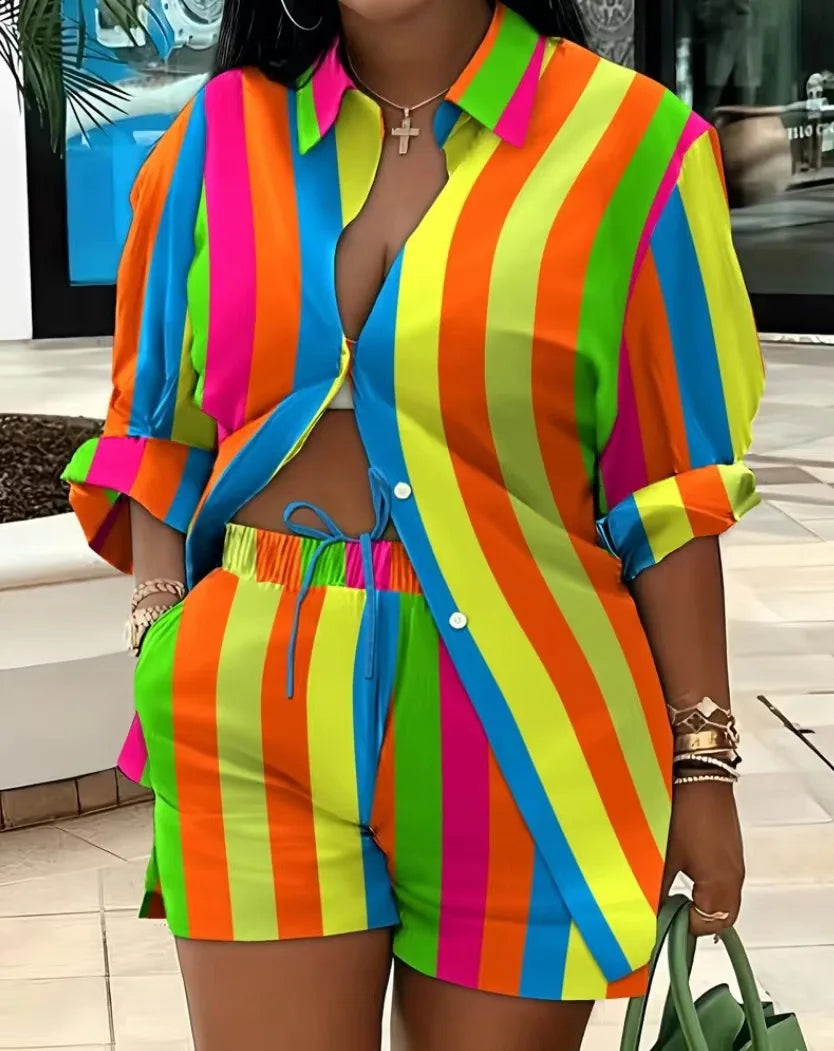2025 Spring Autumn Casual Woman Sets Fashion Shirt Printed Button Shirt&Shorts Streetwear Shorts Pant Outfit Suit Two Piece Set