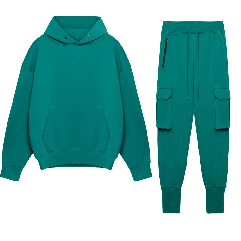 Men's Thick Cotton Training Sets Hoodie Casual Sports Pullover Hooded 2-piece Top with Pants Sweatshirts Gym Running Tracksuits