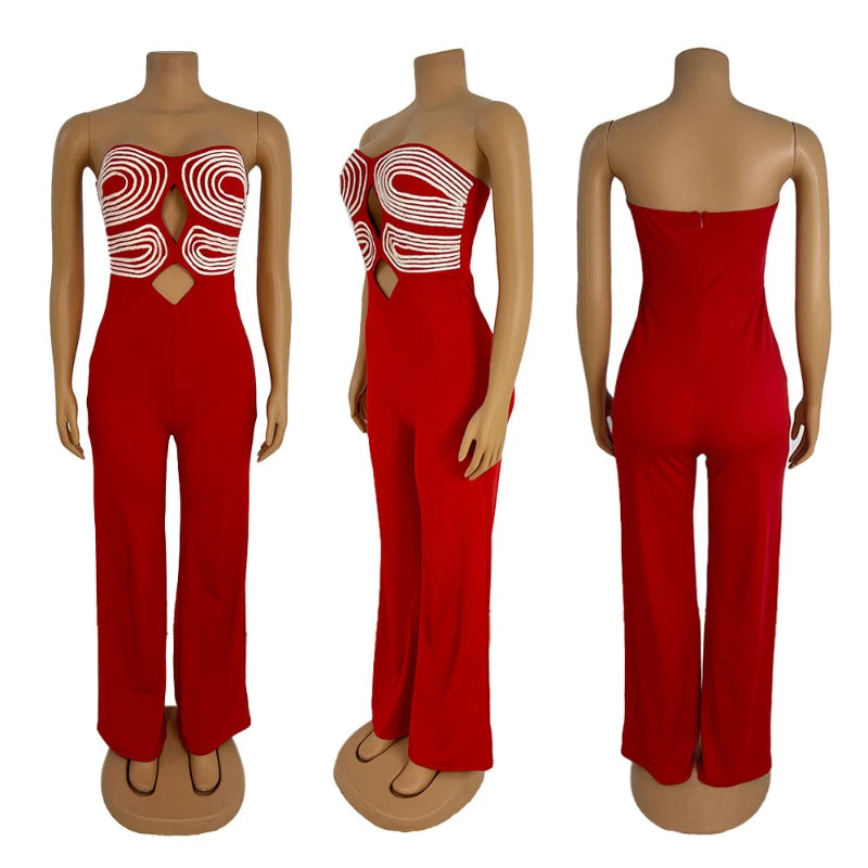 Damen-Jumpsuit 2025 Sommer Neu Temperament Modisch Sexy Ärmellos Gewebtes Band Trägerlos Rückenfrei Party Gerader Jumpsuit