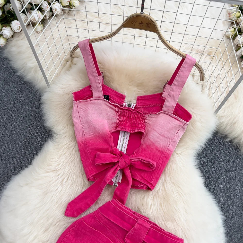 Pink Gradient Jeans Skirts Set Girl Fashion Denim Sleeveless Camisole Vest Top Two-piece Set Mini Bodycon Strap Skirt Summer
