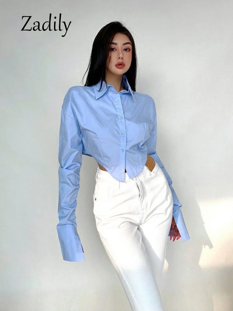 Zadily 2025 Summer Korean Style Long Sleeve White Shirt Women Sexy Button Ladies Crop Tops Blouse Street New In Female Clothing